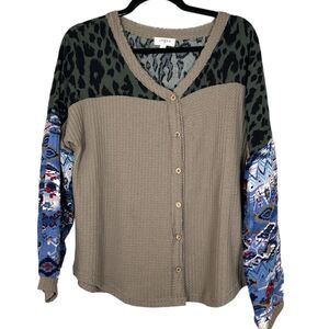 Umgee Waffle Knit Contrast Animal Print Aztec Sleeves Size Small
